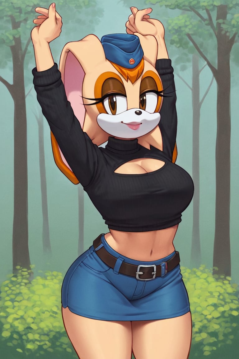 score_9, score_8_up, score_7_up, score_6_up, score_5_up, score_4_up, (Source sonic), (rating safe), vanilla the rabbit, 1girl, solo, outside, wearing blue jeans,  black sweater, shirt cutout, large breasts, brown eyes, looking at viewer, standing, outside, trees, fall weather,  , wide hips, rabbit girl, short hair, body fur, dynamic pose, anime style,flashing belly,cammystretch, stretching,leaning forward,arms up,stomach_punch,Soviet Military uniform,skirt,belt,garrison cap