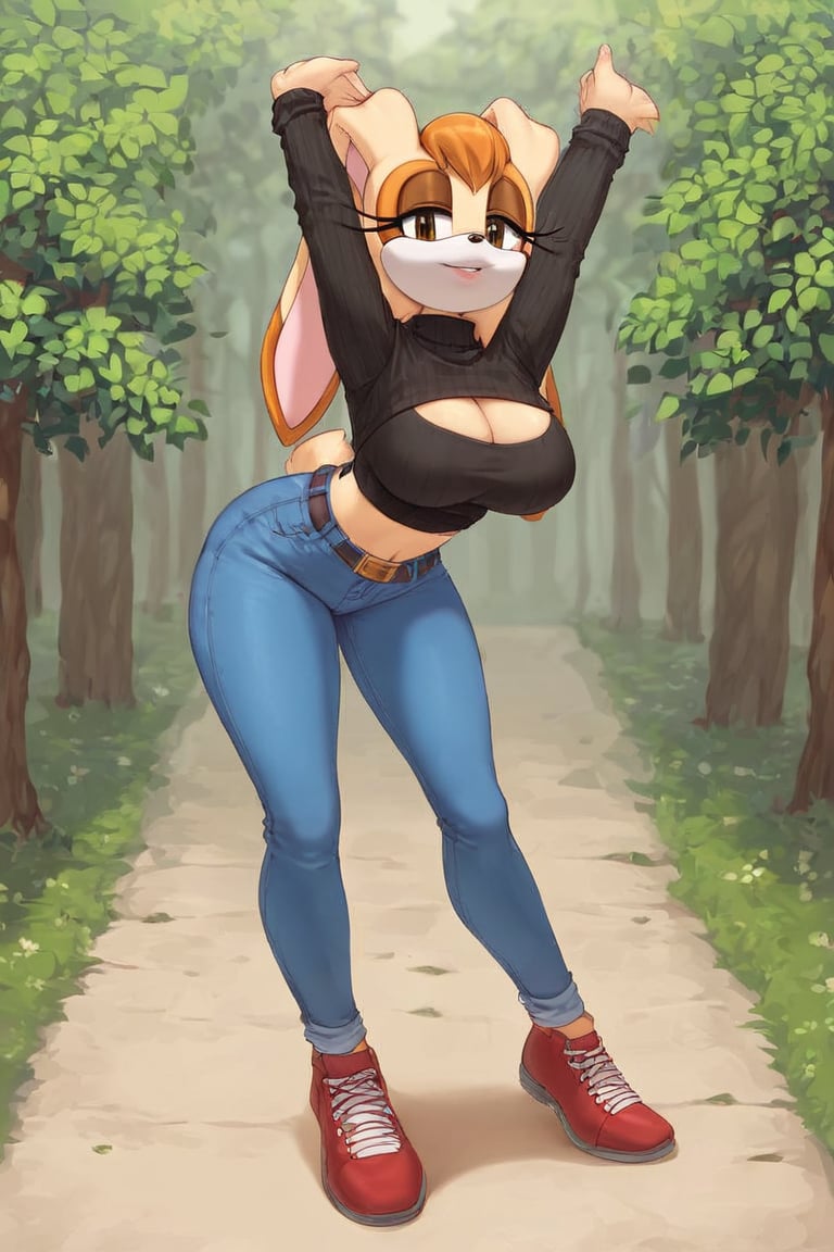 score_9, score_8_up, score_7_up, score_6_up, score_5_up, score_4_up, (Source sonic), (rating safe), vanilla the rabbit, 1girl, solo, outside, wearing blue jeans,  black sweater, shirt cutout, large breasts, brown eyes, looking at viewer, standing, outside, trees, fall weather,  , wide hips, rabbit girl, short hair, body fur, dynamic pose, anime style,flashing belly,cammystretch, stretching,leaning forward,arms up,skirt,belt