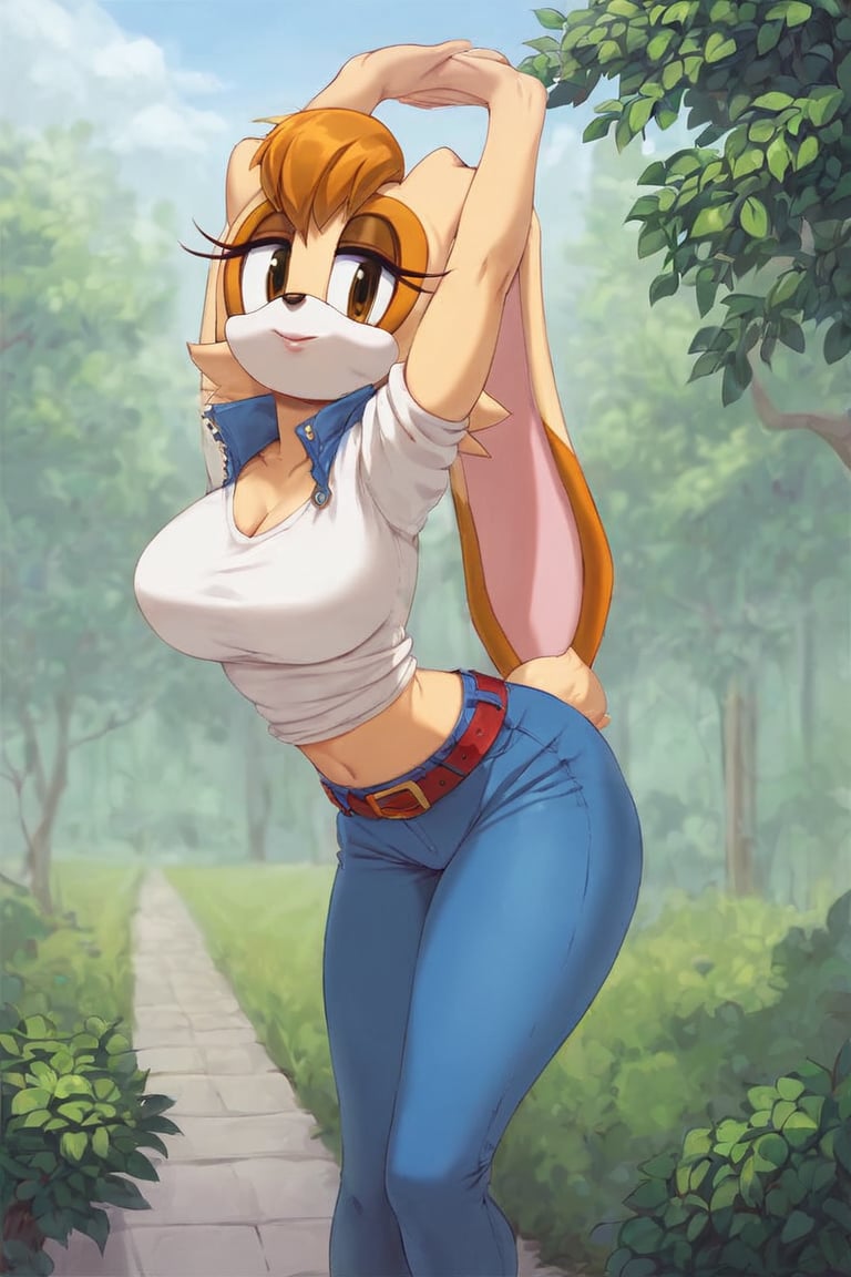 score_9, score_8_up, score_7_up, score_6_up, score_5_up, score_4_up, (Source sonic), (rating safe), vanilla the rabbit, 1girl, solo, outside, wearing blue jeans, white shirt, jacket, large breasts, brown eyes, looking at viewer, standing, outside, trees, fall weather,  , wide hips, rabbit girl, short hair, body fur, hands on hips, anime style,flashing belly,cammystretch, stretching,leaning forward,arms up,stomach_punch,skirt,belt