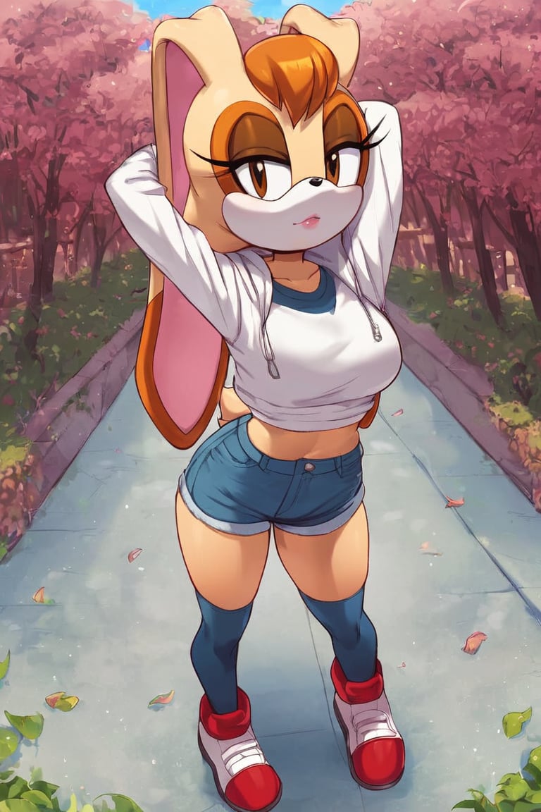 score_9, score_8_up, score_7_up, score_6_up, score_5_up, score_4_up, (Source sonic), (rating safe), vanilla the rabbit, 1girl, solo, outside, wearing blue jeans, white shirt, jacket, large breasts, brown eyes, looking at viewer, standing, outside, trees, fall weather,  , wide hips, rabbit girl, short hair, body fur, hands on hips, anime style,stomach_punch,arms up,cammystretch, stretching,flashing belly,sch00lg1rl, thighhighs