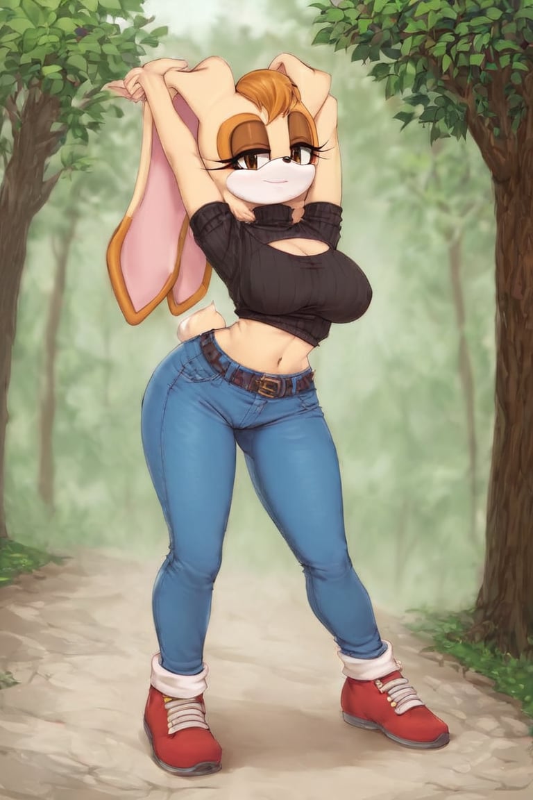 score_9, score_8_up, score_7_up, score_6_up, score_5_up, score_4_up, (Source sonic), (rating safe), vanilla the rabbit, 1girl, solo, outside, wearing blue jeans,  black sweater, shirt cutout, large breasts, brown eyes, looking at viewer, standing, outside, trees, fall weather,  , wide hips, rabbit girl, short hair, body fur, dynamic pose, anime style,flashing belly,cammystretch, stretching,leaning forward,arms up,skirt,belt