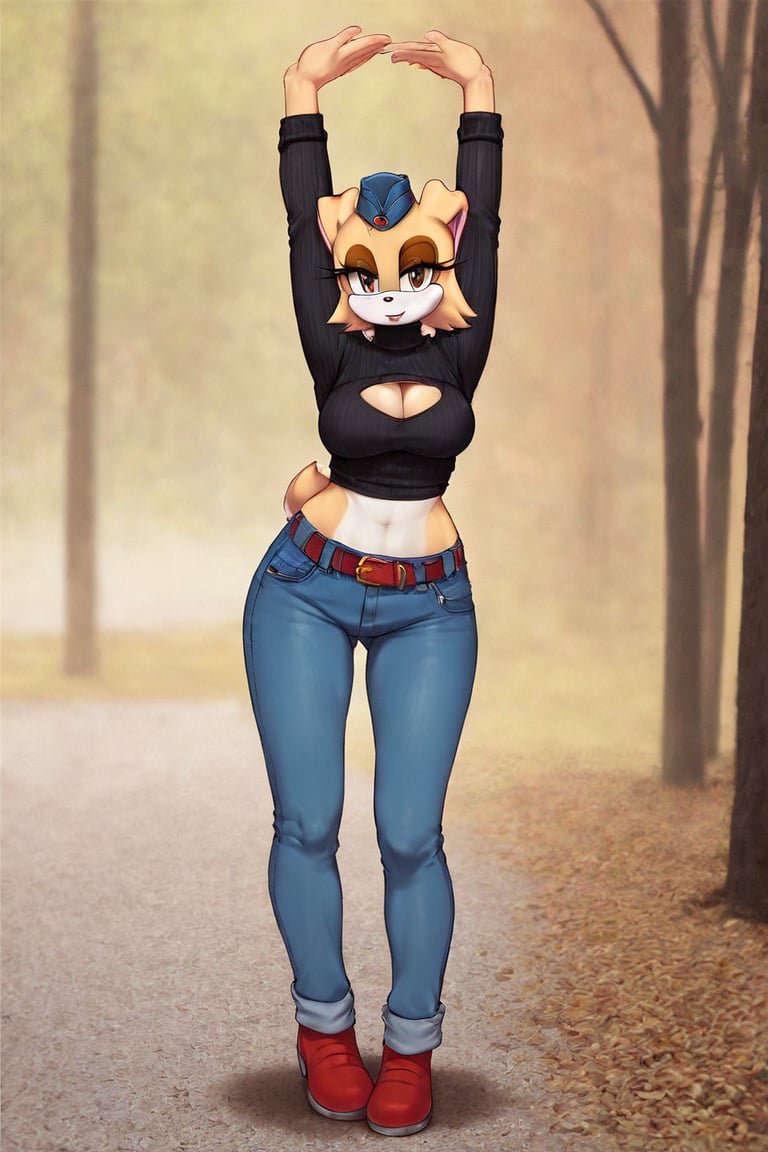 score_9, score_8_up, score_7_up, score_6_up, score_5_up, score_4_up, (Source sonic), (rating safe), vanilla the rabbit, 1girl, solo, outside, wearing blue jeans,  black sweater, shirt cutout, large breasts, brown eyes, looking at viewer, standing, outside, trees, fall weather,  , wide hips, rabbit girl, short hair, body fur, dynamic pose, anime style,flashing belly,cammystretch, stretching,leaning forward,arms up,stomach_punch,Soviet Military uniform,skirt,belt,garrison cap