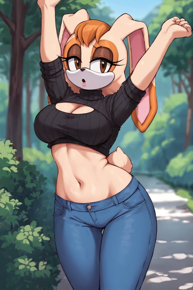 score_9, score_8_up, score_7_up, score_6_up, score_5_up, score_4_up, (Source sonic), (rating safe), vanilla the rabbit, 1girl, solo, outside, wearing blue jeans, black sweater, shirt cutout, large breasts, brown eyes, looking at viewer, standing, outside, trees, fall weather,  , wide hips, rabbit girl, short hair, body fur, dynamic pose, anime style,flashing belly,stomach_punch,cammystretch, stretching,leaning forward,arms up, RakkunVTSDXL