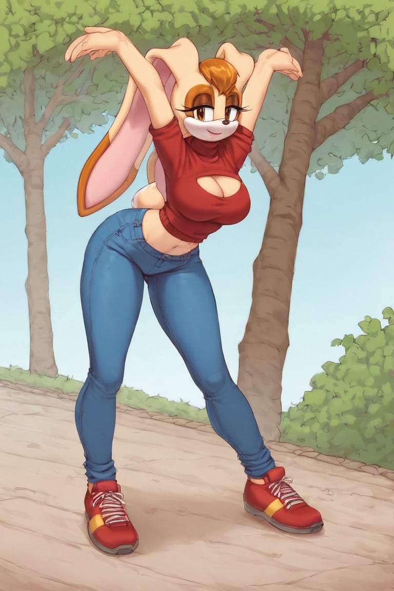 score_9, score_8_up, score_7_up, score_6_up, score_5_up, score_4_up, (Source sonic), (rating safe), vanilla the rabbit, 1girl, solo, outside, wearing blue jeans, red sweater, shirt cutout, large breasts, brown eyes, looking at viewer, standing, outside, trees, fall weather,  , wide hips, rabbit girl, short hair, body fur, dynamic pose, anime style,flashing belly,stomach_punch,cammystretch, stretching,leaning forward,arms up