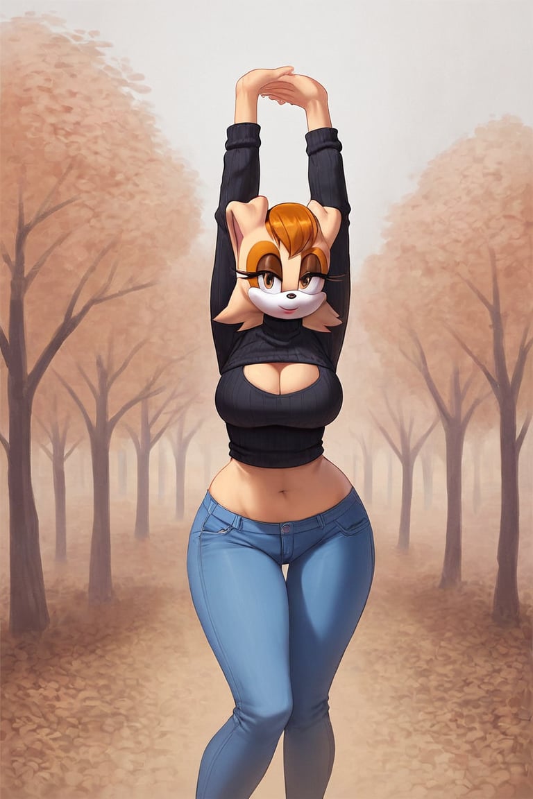 score_9, score_8_up, score_7_up, score_6_up, score_5_up, score_4_up, (Source sonic), (rating safe), vanilla the rabbit, 1girl, solo, outside, wearing blue jeans,  black sweater, shirt cutout, large breasts, brown eyes, looking at viewer, standing, outside, trees, fall weather,  , wide hips, rabbit girl, short hair, body fur, dynamic pose, anime style,flashing belly,cammystretch, stretching,leaning forward,arms up,stomach_punch,Soviet Military uniform