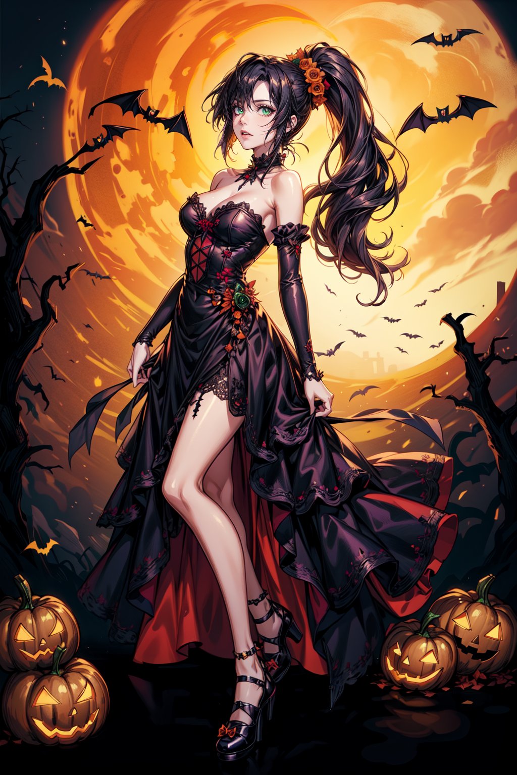  ((masterpiece, best quality, high definition, ultra-detailed), (beautiful and aesthetic: 1.2), detailed eyes and face, 1 woman, solo,  black hair, long wavy ponytail hair, green eyes, perfect body, full body, halloween dress, Halloween shoes, halloween decorations, pumpkins, bats, gothic, halloween, Halloween party, Halloween house, 
































,score_9, score_8_up, score_7_up, source_anime,