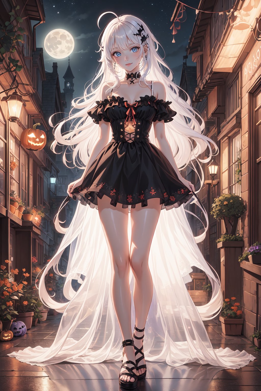 (masterpiece, best quality, high definition, ultra-detailed), (beautiful and aesthetic: 1.2), detailed eyes and face, full body, 1 girl, kid, toddler,  ((long white hair)), blue eyes, ((ahoge)), ((hair ornament)), smile, ((x3)), =w=
Halloween costume, sandals, Halloween in kindergarten, pumpkins, Halloween decorations, candles, gothic, bat, moonlight, moon, street, city, spirit, 





























,score_9, score_8_up, score_7_up, source_anime,