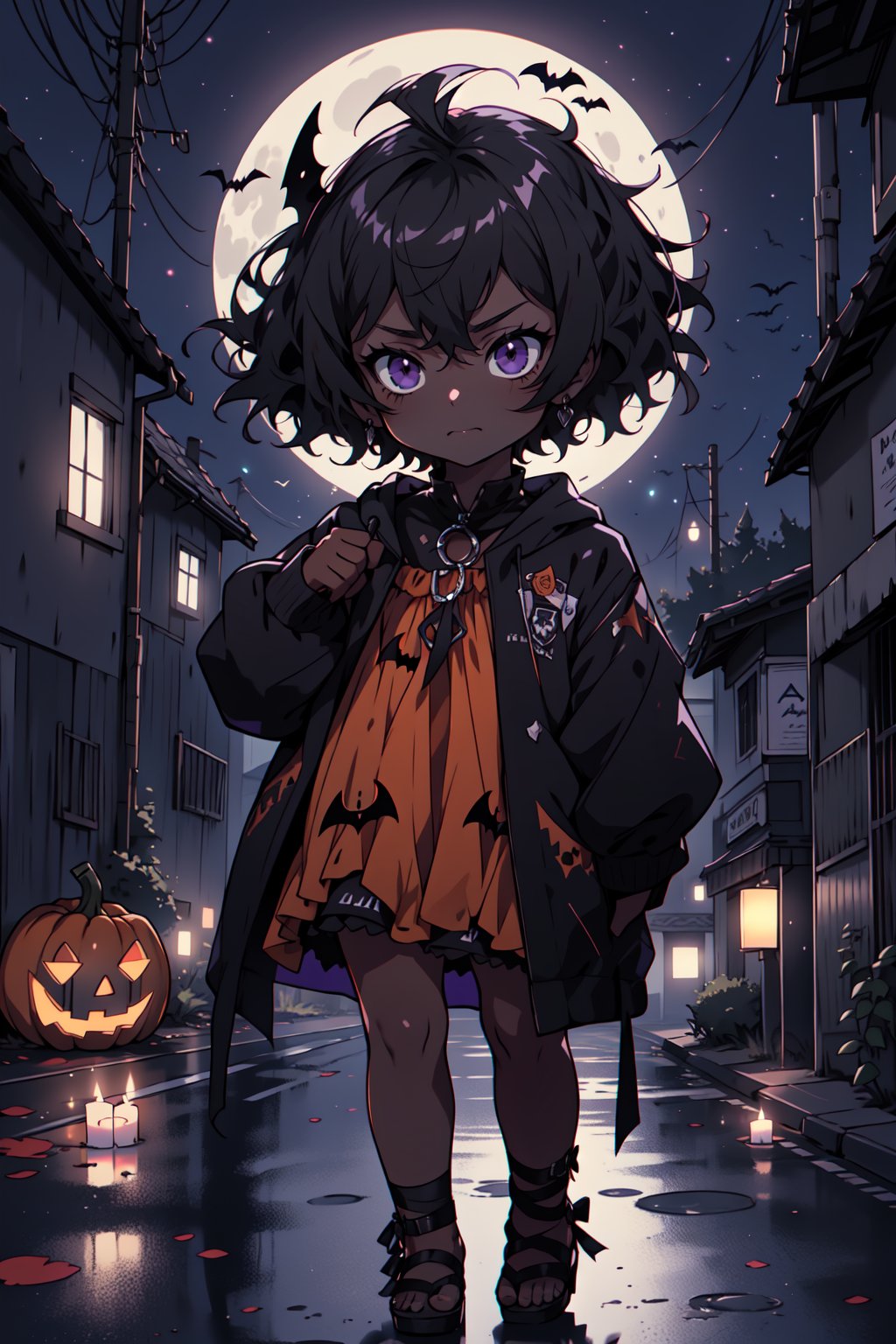 (masterpiece, best quality, high definition, ultra-detailed), (beautiful and aesthetic: 1.2), detailed eyes and face, full body, 1 girl, kid, toddler,  black hair, afro curly hair, purple eyes, ((very dark skin)),
Halloween costume, sandals, Halloween in kindergarten, pumpkins, Halloween decorations, candles, gothic, bat, moonlight, moon, street, city, spirit, 





























,score_9, score_8_up, score_7_up, source_anime,