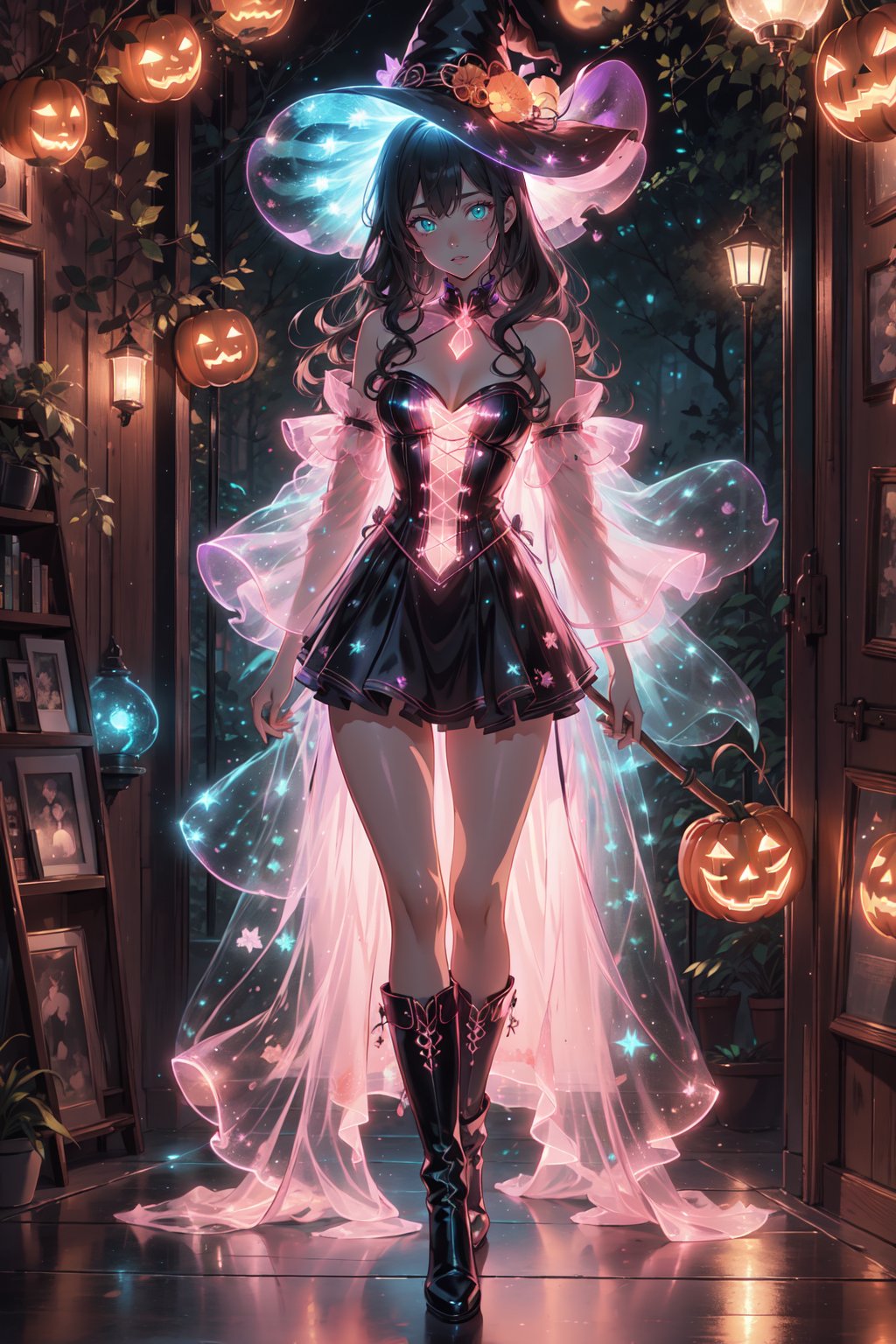 (masterpiece, best quality, high definition, ultra-detailed), (beautiful and aesthetic: 1.2), detailed eyes and face, 1 woman, solo, black hair, long wavy hair, green eyes, female body, female focus, perfect body, full body, halloween, night club, neon club, neon lights, witch costume, witch hat, witch boots, broom, bonfire, pumpkins






























,score_9, score_8_up, score_7_up, source_anime,