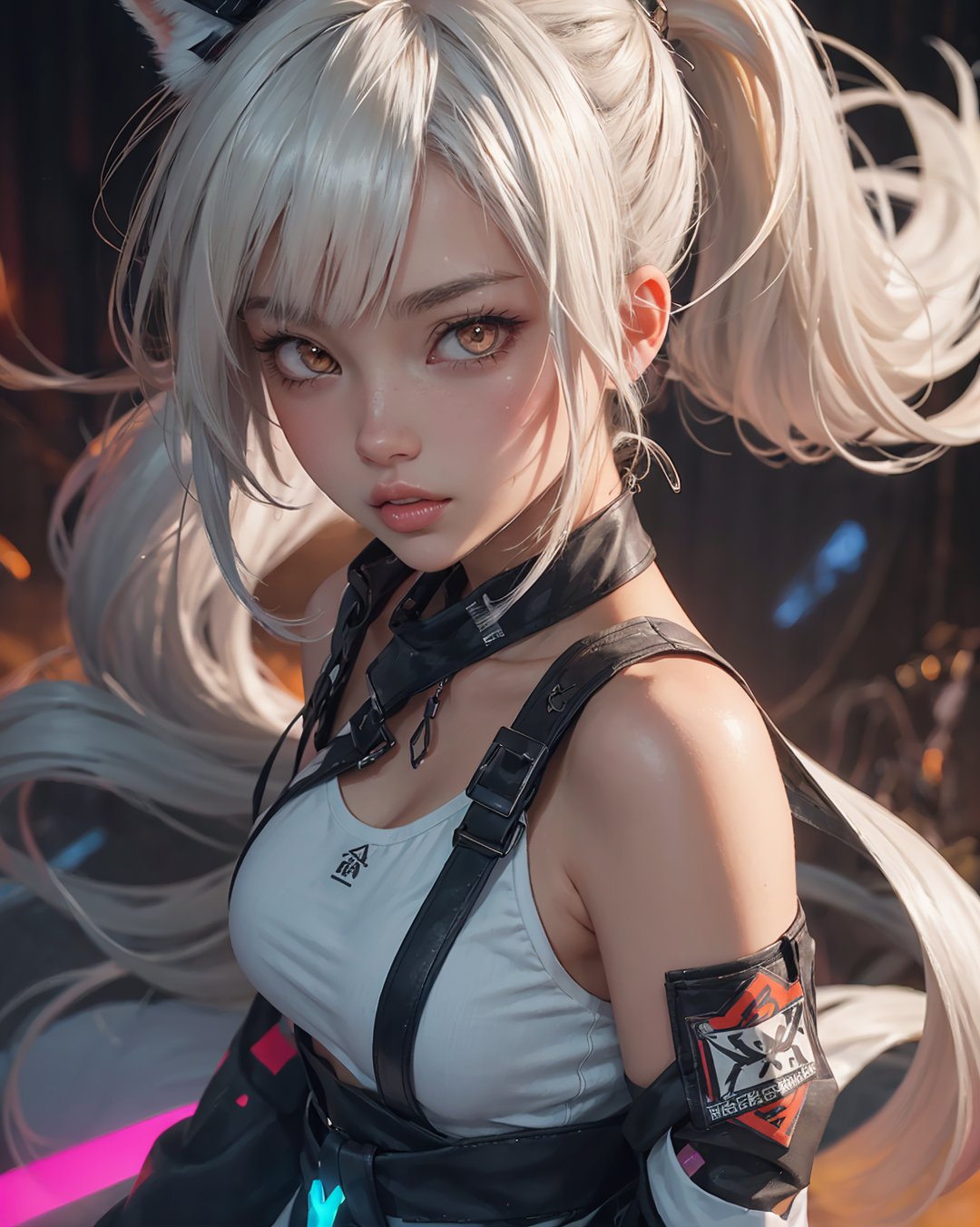 anime girl with long hair and orange eyes, close-up, Arknights, white-haired fox, Girls Frontline Style, Ponytail, abstract background, neon colors,