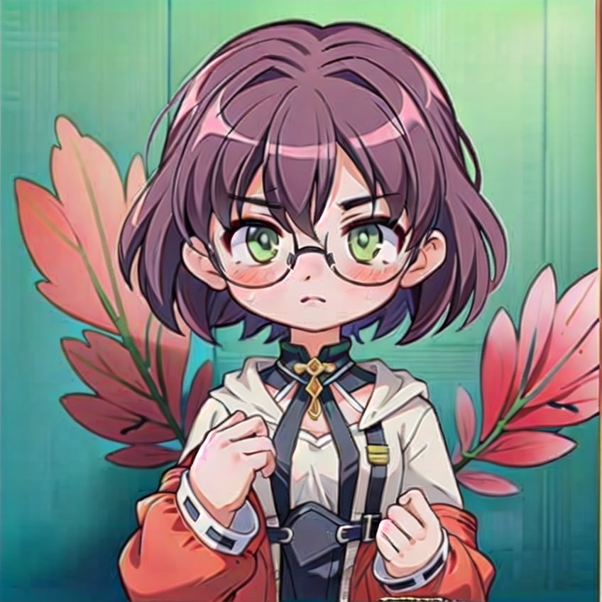 ((best quality)), masterpiece, detailed, (empty_background) ,((1girl)), (((SOLO)), (longhair), , short, pale_skin, (green-eyes), tiny_female, clothes, serious, emotionless, expressionless, neutral_expression, (unexpressive), hands_in_pockets, ((tiny_breasts)), cute_fang, ((glasses)), megane, red_clothes, hoodie, 