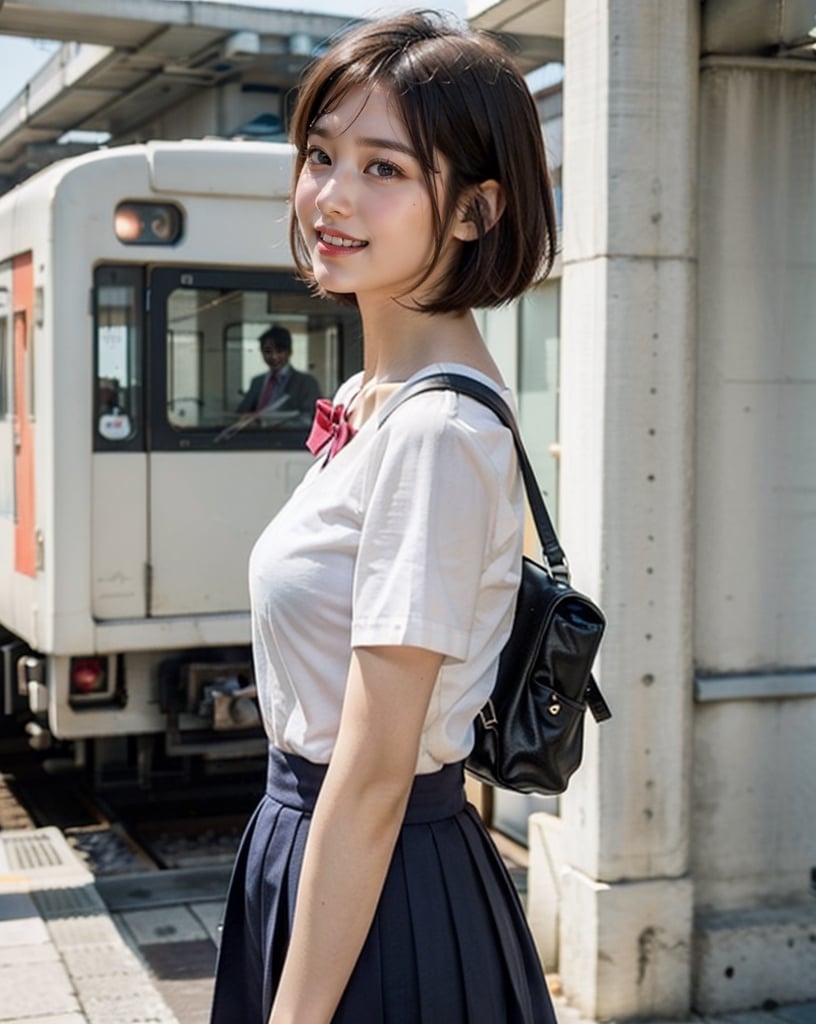 OsakaMetro20, train, scenery, outdoors, real world location, train station, building, day, railroad tracks, 
(1girl solo:1.5), From Side, ((solo focus)), black hair, short sleeves, blurry, school uniform, a student standing on the platform at a railway station, 
(Top Quality, Masterpiece), Realistic, Ultra High Resolution, Complex Details, Exquisite Details and Texture, Realistic, Beauty, japanese litlle girl, ((Amused, Laugh)), (super-short-hair:1.2), bangs, (Thin Body), round face, (flat chest:1.0), ,dream_girl,Nature,midjourney,Realism,pastelbg,school uniform