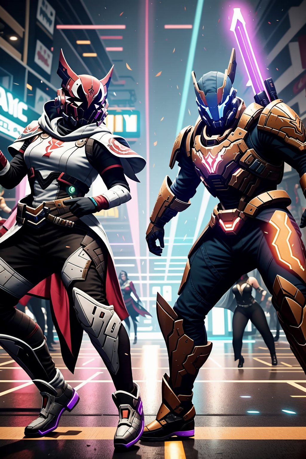 A fiery holo-screen glows in the dimly lit, neon-lit streets of the Last City's entertainment district. The camera pans across a crowded dance floor as Guardians from all over gather to compete in a thrilling dance-off. Zavala and Cayde-6 look on, smiling, as two opponents face off: one a skilled Warlock with an ethereal aura, the other a charismatic Hunter wielding a pair of glowing gauntlets.
