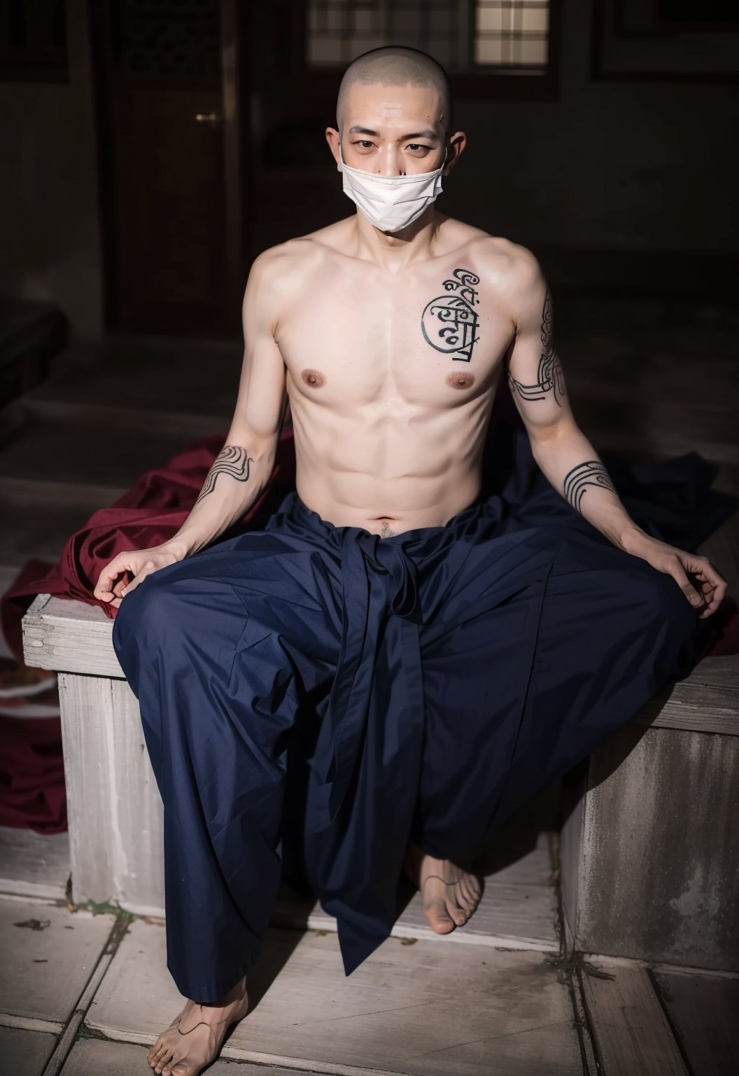 ((full nakid:1.3)), a buddhist monk, ((shaved head:1.3)), ((The entire skin is completely covered with Sanskrit characters:1.3)), 
A monk is a person who leaves home and enters the Buddhist monastery. A person who follows the teachings of Buddhism and practices ascetic practices. 1boy, tattoo