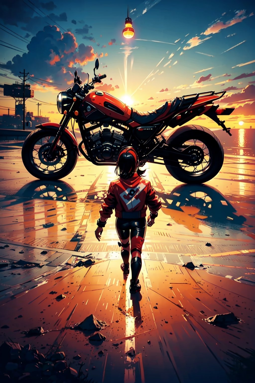 (4k), (masterpiece), (best quality), (realistic), (cinematic　lighting), (epic), photo real, ((whole body)), motion shot, full body, young Japanese girl, glossy black short hair, (((small face))), large breasts, ((red biker jacket,A picture of a capsule is drawn on the back.)), ride on red colour [[kaneda's ridemachine appears in AKIRA, low and long]], hair blown by the breeze, Blunt bangs, shy smile, sunset_scenery_background, ,akiraposter, ,Science fiction 