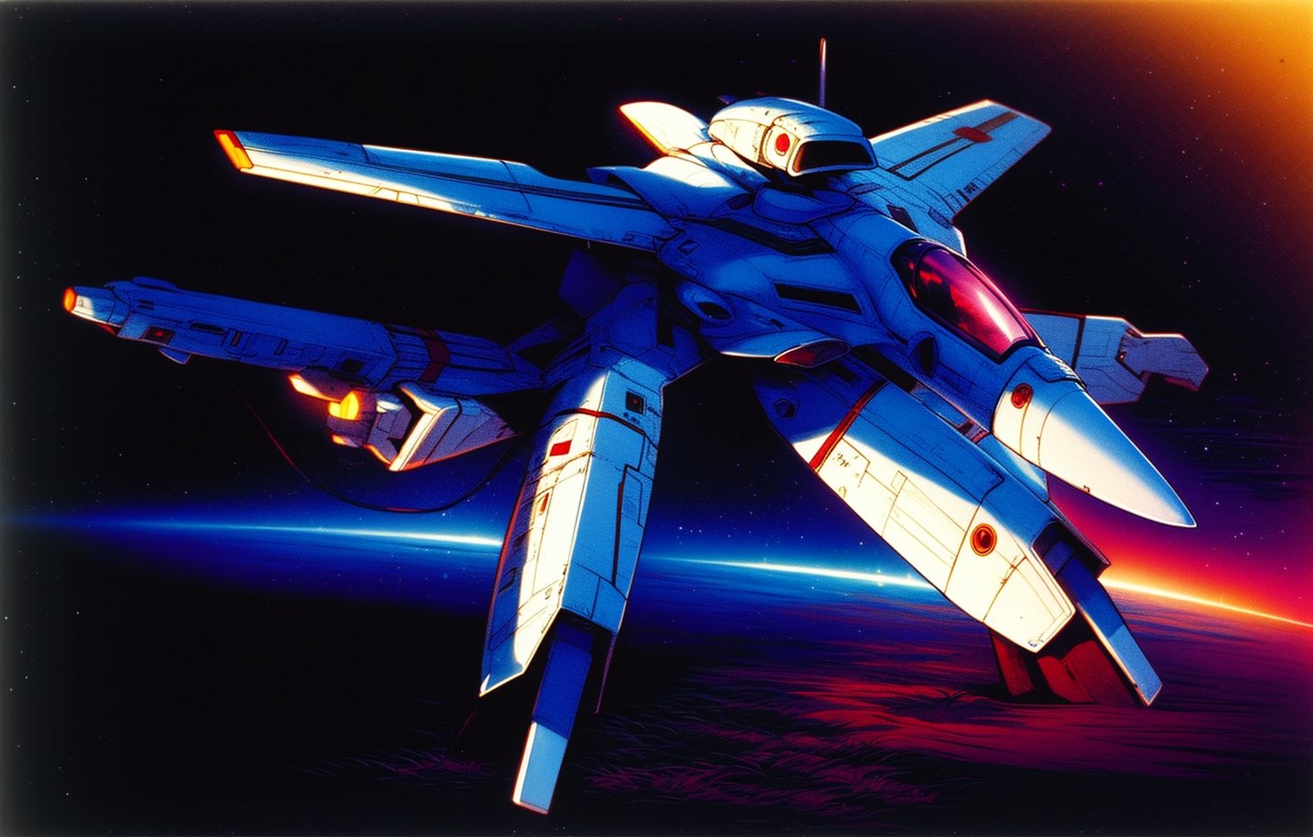 MACROSS VF-1 Valkyrie, Variable Fighter, GERWALK mode, Guardian Mode, the VF-1 looks like the nose and wings of a fighter plane stuck on "chicken walker" legs with two arms, etro artstyle, 1980s (style), outer_space, stars, Earth seen from space, 
(medium close-up:1.2), (solo:1.0), (dynamic and engaging:1.2), soft studio lighting, (Top Quality, Masterpiece), Realistic, Ultra High Resolution, Complex Details, Exquisite Details and Texture, Beauty, ((full body)), perfect, watercolor \(medium\),