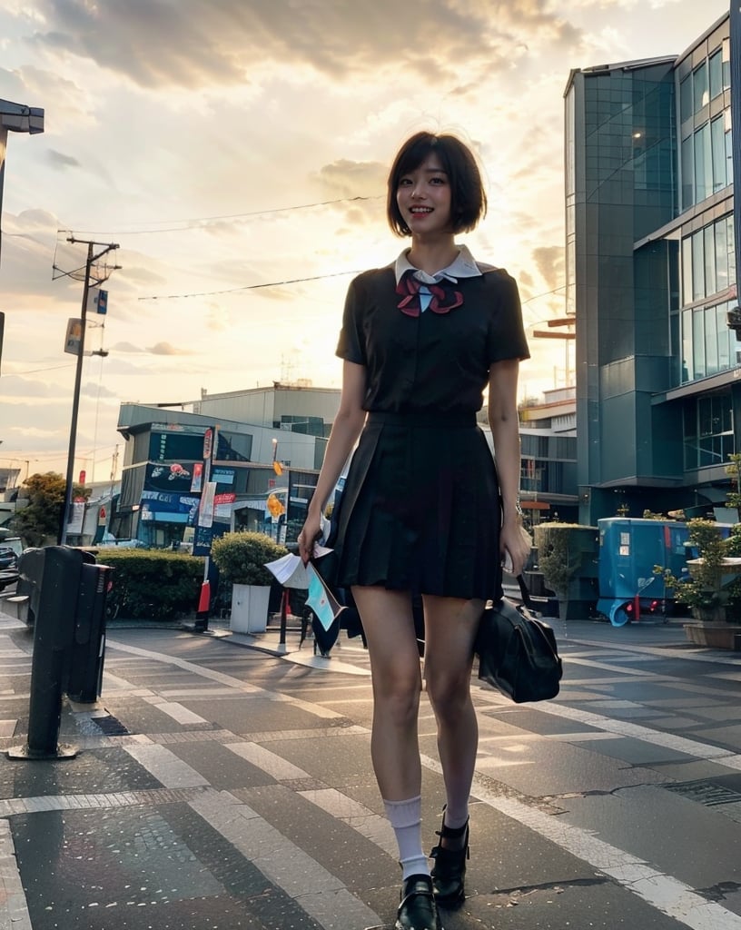 kaiyuukan, storefront, outdoors, crowd, day, cityscape, city, blue sky, real world location, sky, scenery, walking,
(1girl solo:1.5), Full Body Shot, ((solo focus)), black hair, short sleeves, blurry, school uniform, 
(Top Quality, Masterpiece), Realistic, Ultra High Resolution, Complex Details, Exquisite Details and Texture, Realistic, Beauty, japanese litlle girl, ((Amused, Laugh)), (super-short-hair:1.2), bangs, (Thin Body), round face, (flat chest:1.0), 