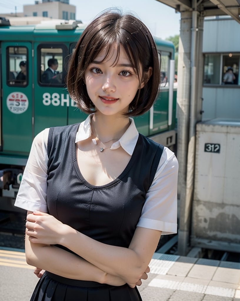 OsakaMetro20, train, scenery, outdoors, real world location, train station, building, day, railroad tracks, 
(1girl solo:1.5), Upper Body, ((solo focus)), black hair, short sleeves, blurry, school uniform, a student standing on the platform at a railway station, 
(Top Quality, Masterpiece), Realistic, Ultra High Resolution, Complex Details, Exquisite Details and Texture, Realistic, Beauty, japanese litlle girl, ((Amused, Laugh)), (super-short-hair:1.2), bangs, (Thin Body), round face, (flat chest:1.0), ,dream_girl,Nature,midjourney,Realism,pastelbg,school uniform