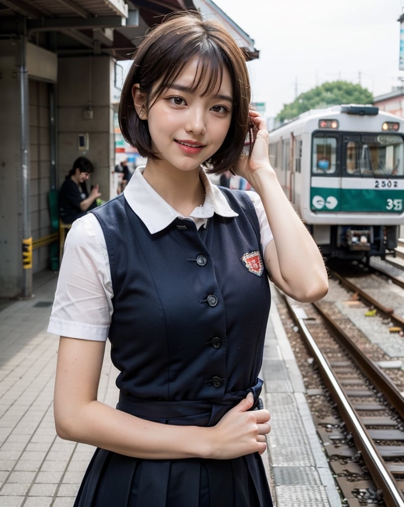 OsakaMetro20, train, scenery, outdoors, real world location, train station, building, day, railroad tracks, 
(1girl solo:1.5), Upper Body, ((solo focus)), black hair, short sleeves, blurry, school uniform, a student standing on the platform at a railway station, 
(Top Quality, Masterpiece), Realistic, Ultra High Resolution, Complex Details, Exquisite Details and Texture, Realistic, Beauty, japanese litlle girl, ((Amused, Laugh)), (super-short-hair:1.2), bangs, (Thin Body), round face, (flat chest:1.0), ,dream_girl,Nature,midjourney,Realism,pastelbg,school uniform