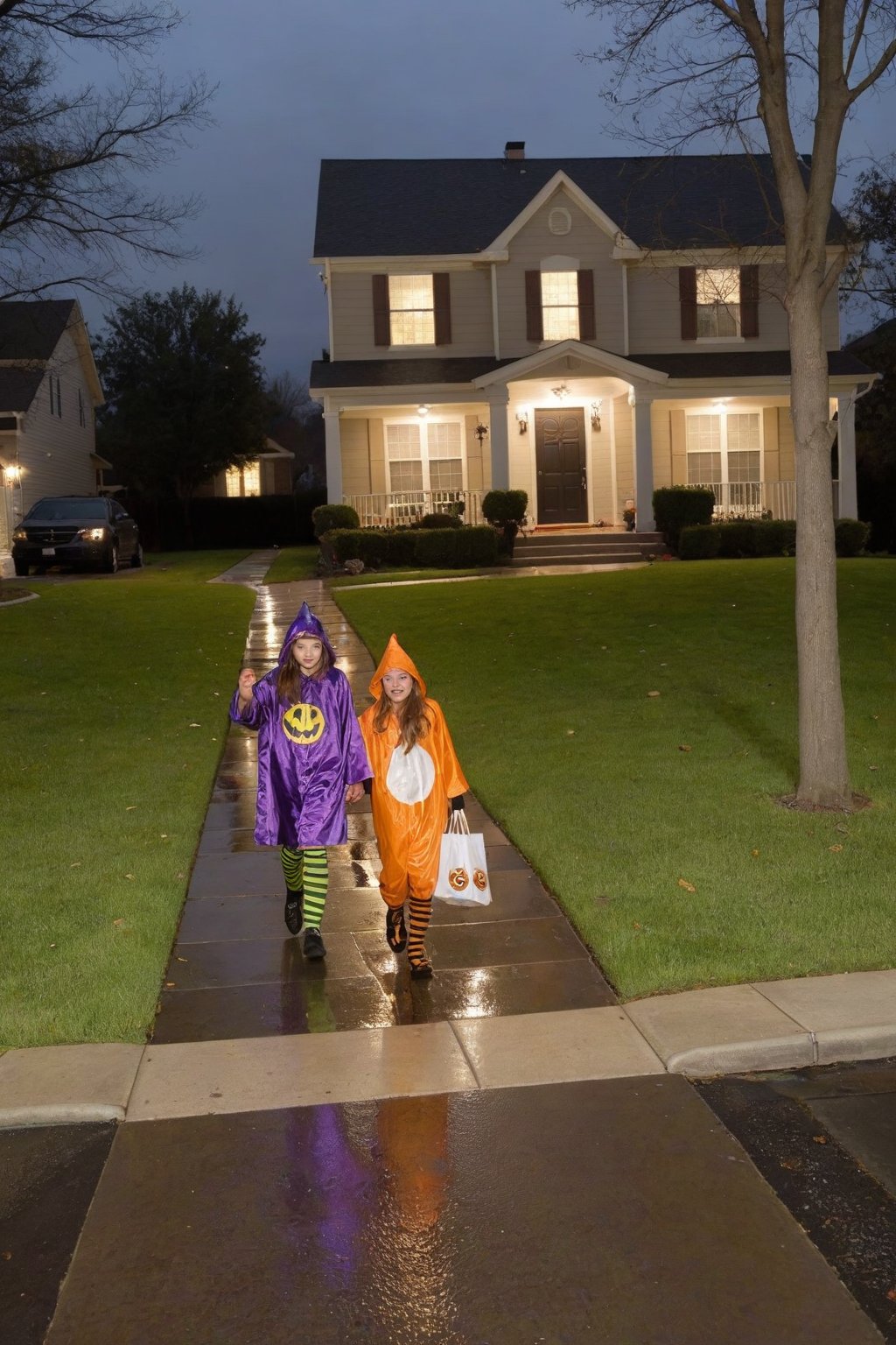 score_9, score_8_up, score_7_up, Generate an image of a dark neighborhood sidewalk at night, ground slightly wet from rain. There are kids in costumes holding bags, they are walking around trick or treating, in the background you see other kids running in their costumes to get to the next house.