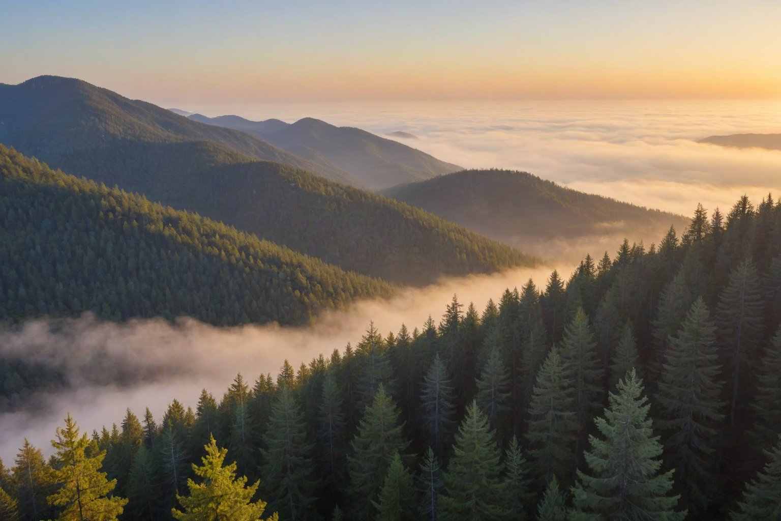 score_9, score_8_up, score_7_up, Generate an image of the most serene morning overlooking a desolate forest from above. Tree covered mountains can be seen in the background, small traces of fog. A yellow glow of the sun rising is cast upon the image, symbolic of another day ready to begin.