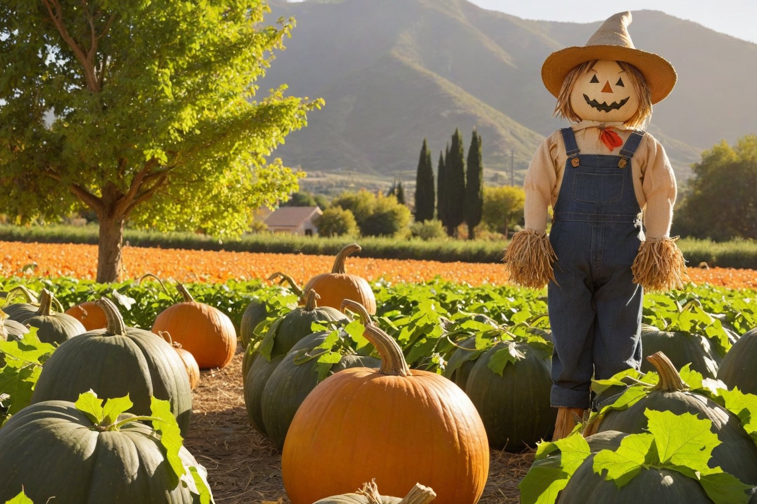 score_9, score_8_up, score_7_up, Generate a real life image of a scarecrow in the middle of a pumpkin patch. Tree filled mountains can be seen in the far background. It is the golden hour of the late afternoon. 