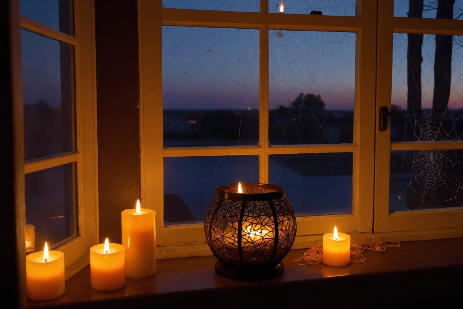 score_9, score_8_up, score_7_up, Generate a real life image of a candle in a dark spooky room, nightime, a window in the distance is open and the breeze is making the flame of the candle flciker. Dark scene, night outside, orange glow from candle, spider webs around window.