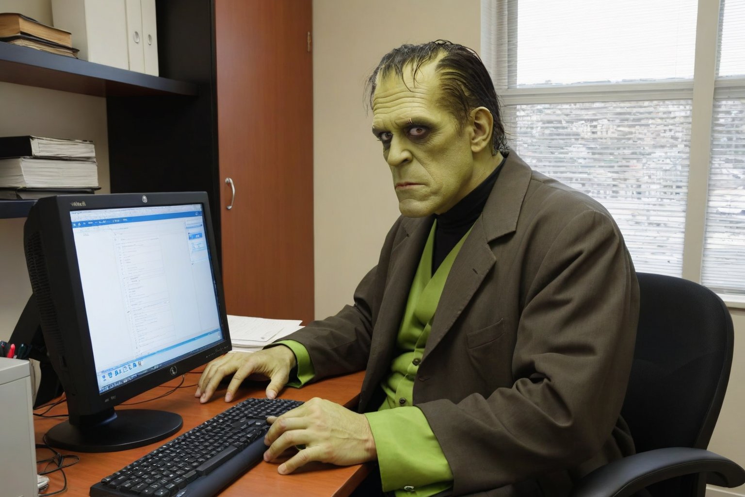 score_9, score_8_up, score_7_up, Generate a real life image of a middle aged man dressed up as Frankenstein. He is sitting in an office at his desk, using his computer.