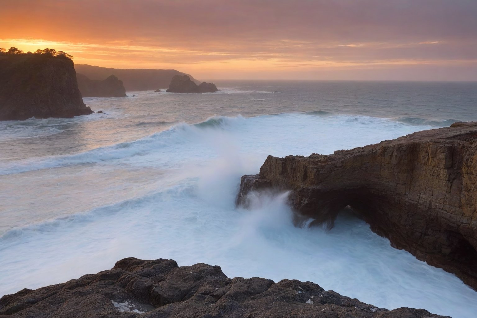 score_9, score_8_up, score_7_up, Generate an image of the most serene sunset overlooking the ocean. Rocky cliffs can be seen in the background, ocean mist as waves crash against the rocky surface. An orange glow of the golden hour is cast upon the image, symbolic of another day nearly over but comfort that life is good.