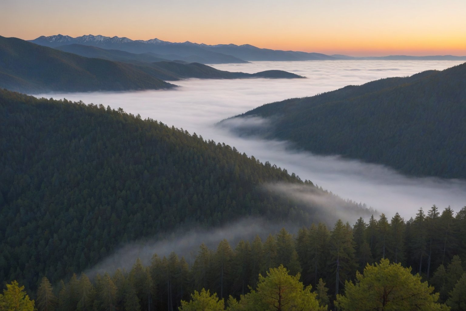 score_9, score_8_up, score_7_up, Generate an image of the most serene morning overlooking a desolate forest from above. Tree covered mountains can be seen in the background, small traces of fog. A yellow glow of the sun rising is cast upon the image, symbolic of another day ready to begin.