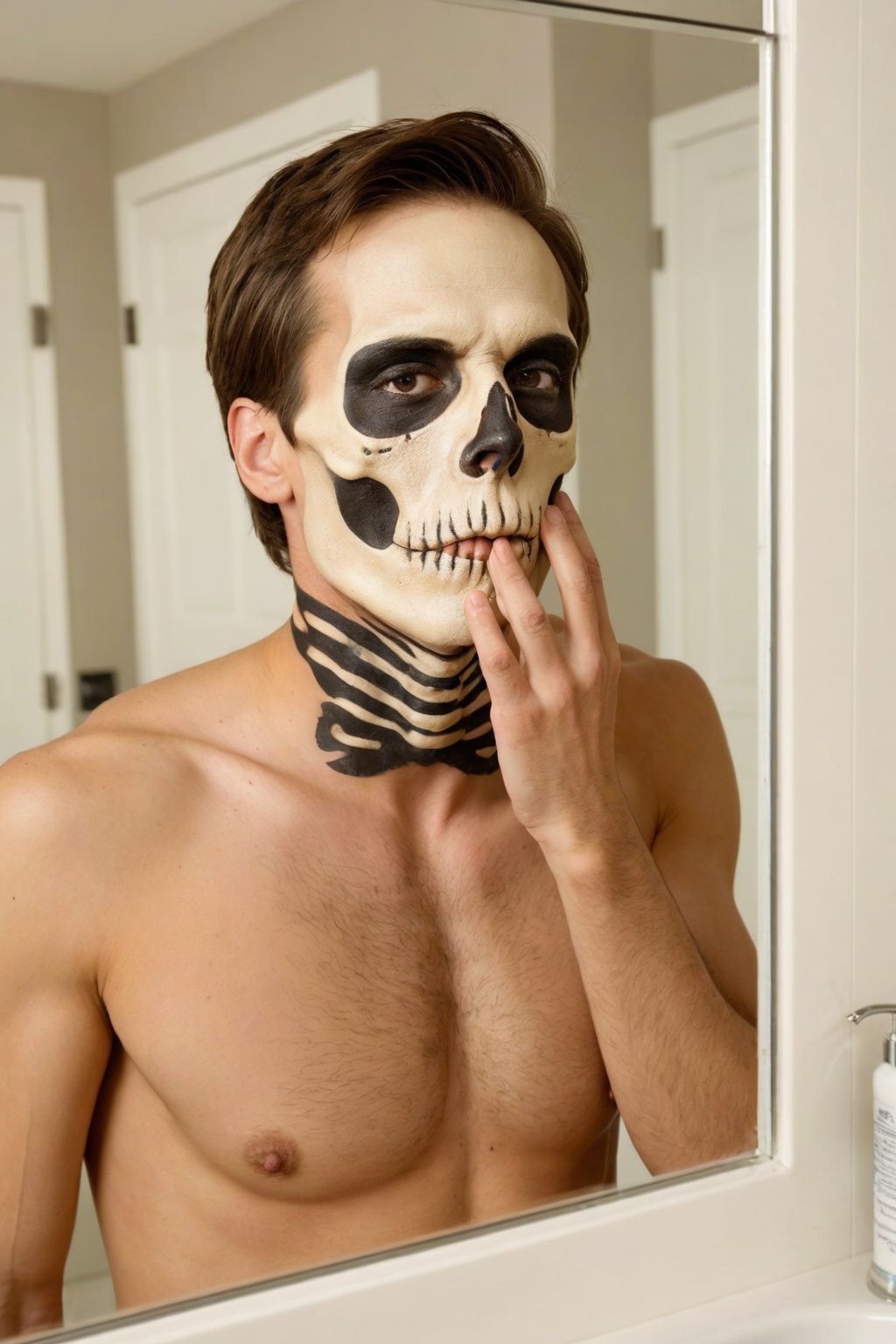 score_9, score_8_up, score_7_up, Generate an image of a man alone, looking into the bathroom mirror, putting on skeleton makeup on his face.