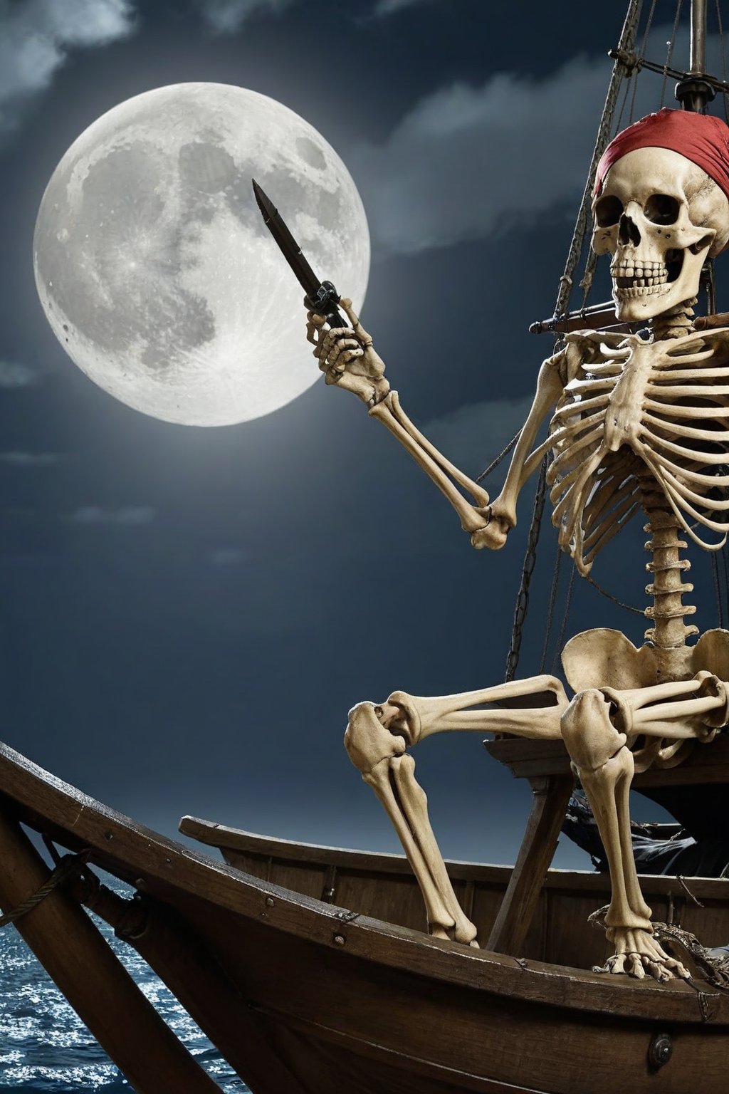 score_9, score_8_up, score_7_up, Generate an image of a skeleton pirate. Cursed pirate from Pirates of the Caribbean, the light from the full moon reveals that he is a skeleton.on a pirate ship at night.