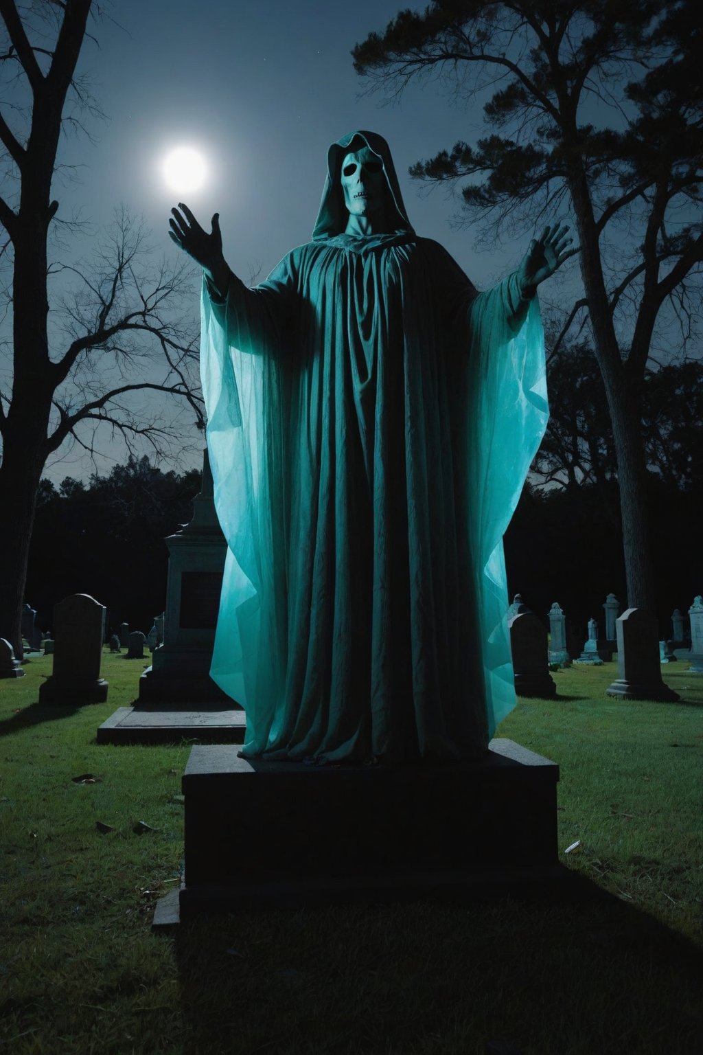 score_9, score_8_up, score_7_up, Generate an image of a floating phantom glowing, transparent figure in an abandoned cemetery at night. Appears to be rising from a grave, a frightening scene 