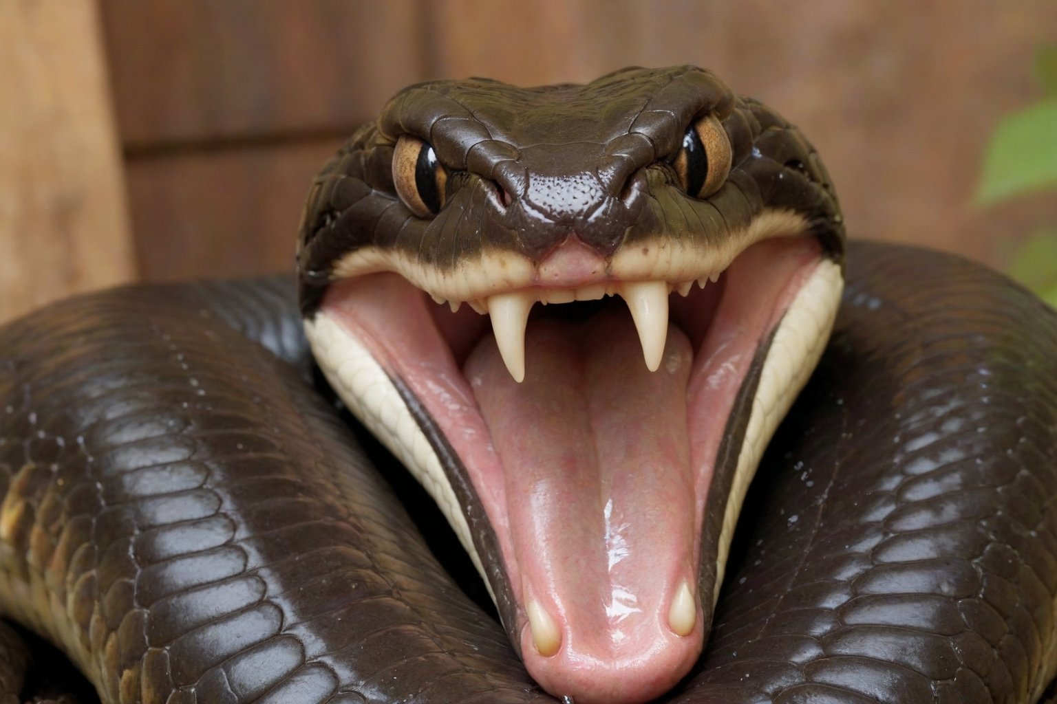 score_9, score_8_up, score_7_up, Generate a real life image of snake, venom dripping off the fangs of a snake with it's mouth wide open. The snake's eyes are fixed on the viewer.