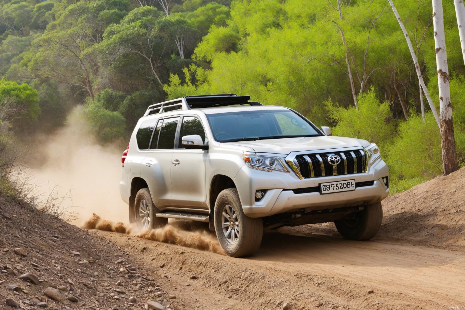 score_9, score_8_up, score_7_up, Generate a real life image of a Toyota Landcruiser Prado racing through an offroad trail in the late afternoon.