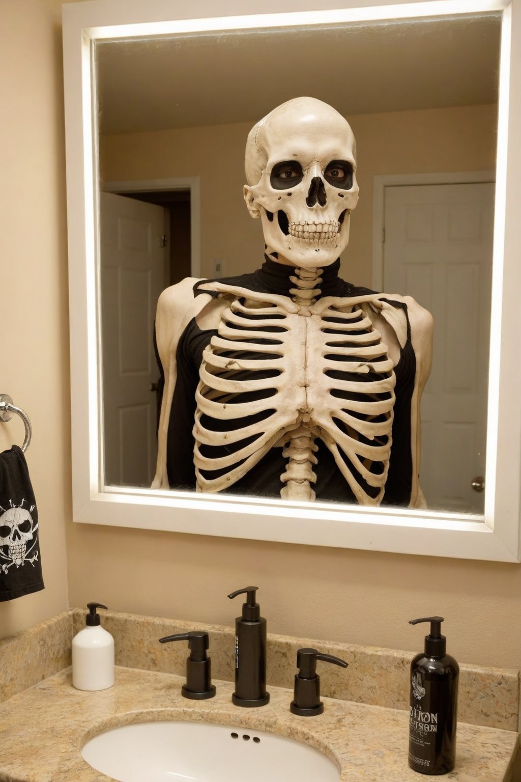 score_9, score_8_up, score_7_up, Generate an image of a man alone, looking into the bathroom mirror, putting on skeleton makeup on his face. Wearing a skeleton shirt.