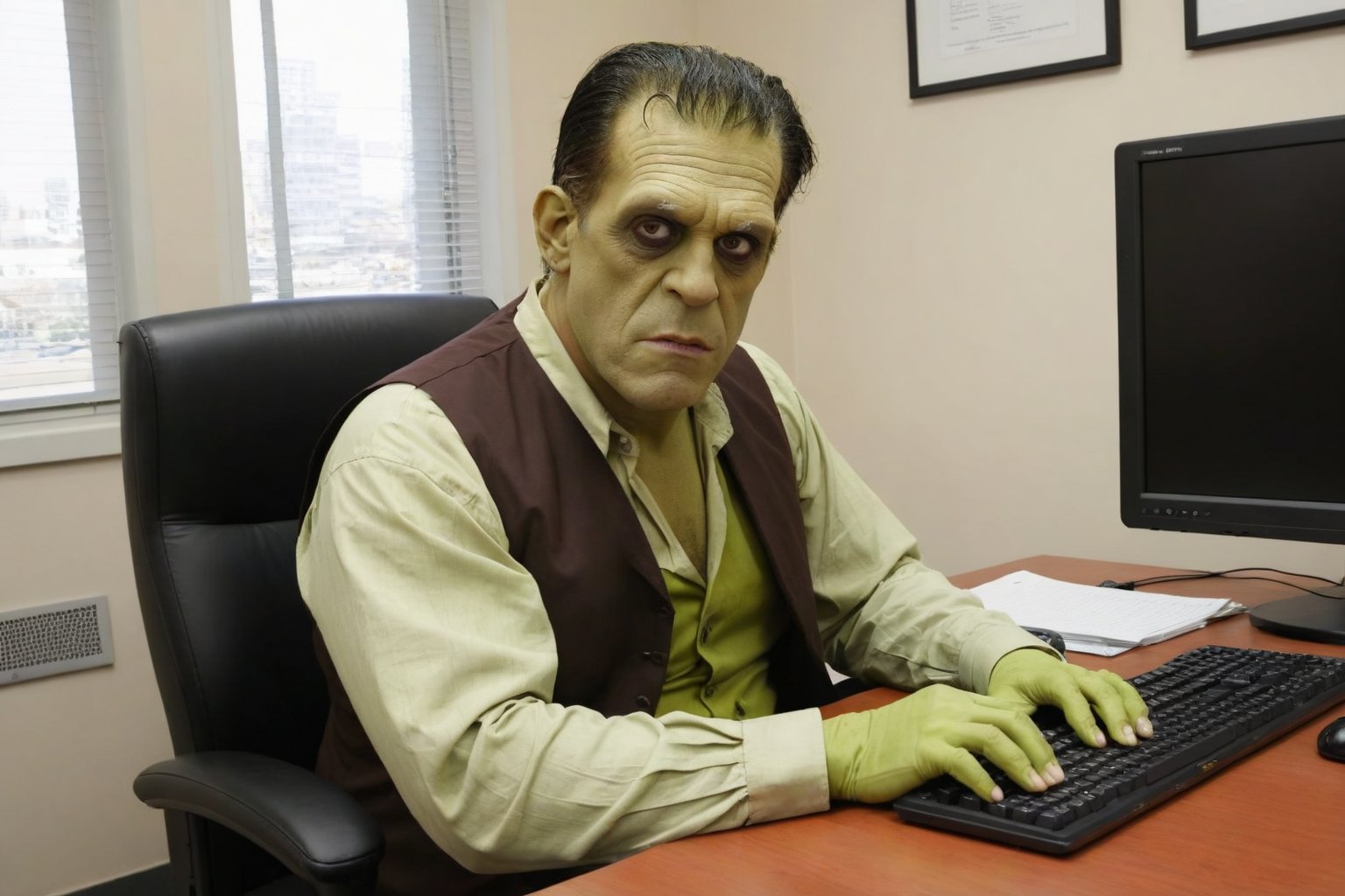 score_9, score_8_up, score_7_up, Generate a real life image of a middle aged man dressed up as Frankenstein. He is sitting in an office at his desk, using his computer.