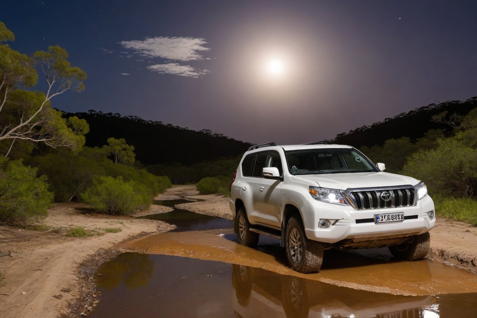 score_9, score_8_up, score_7_up, Generate a real life image of a Toyota Landcruiser Prado racing through an offroad trail as it crosses a shallow creek iat night, full moon glowing.