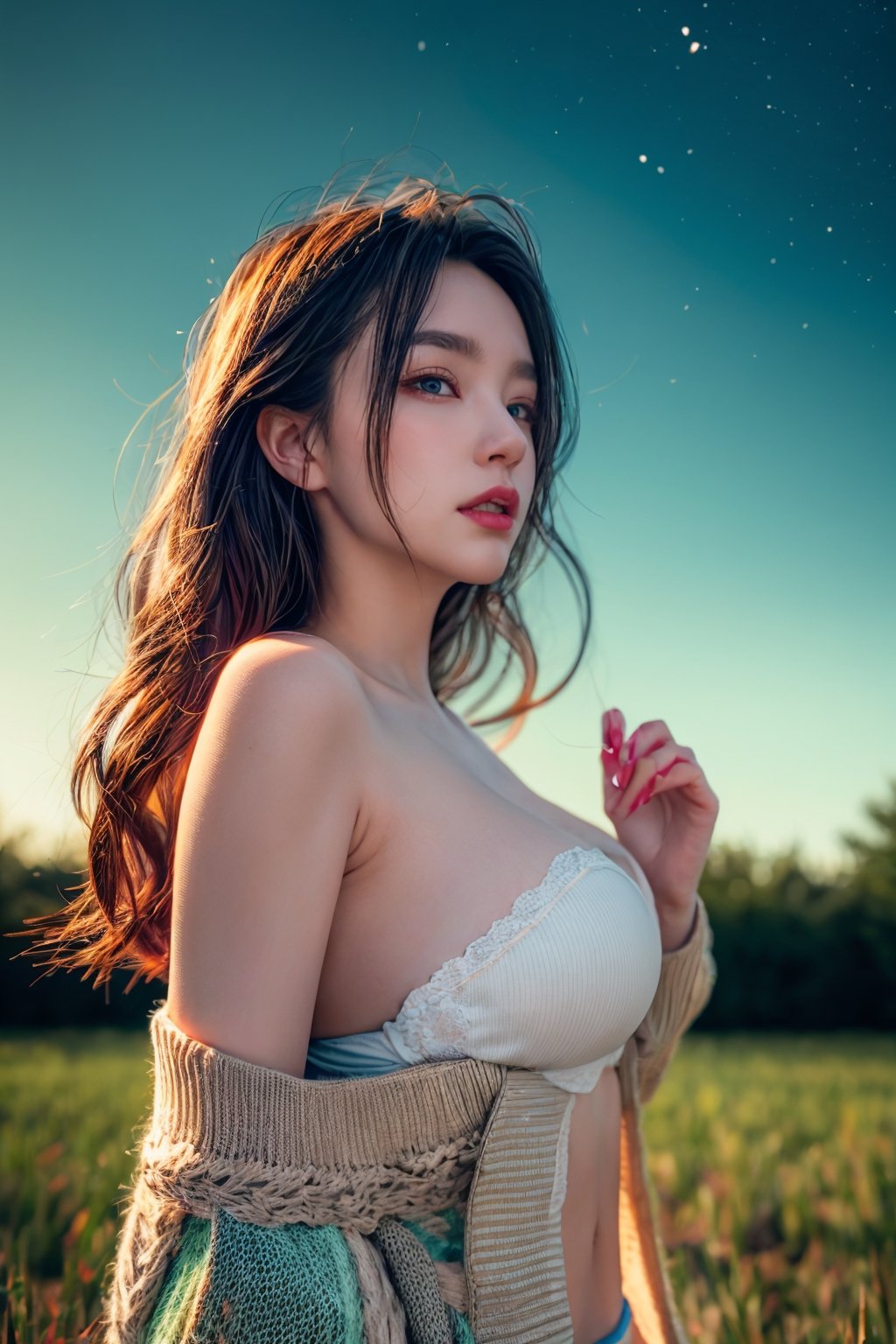 (close-shot photo:1.4) of a beatutiful woman wearing white underwear and cardigan on a open field, embers of memories, colorful, (photo-realisitc), nebula background, nebula theme,exposure blend, medium shot, bokeh, (hdr:1.4), high contrast, (cinematic, teal and green:0.85), (muted colors, dim colors, soothing tones:1.3), low saturation,fate/stay background,yofukashi background,(pureerosface_v1:0.8), (ulzzang-6500-v1.1:0.8),breasts,Beautiful eyes ,ASU1,bare shoulders,dream_girl, naked, perfect hands, perfect body