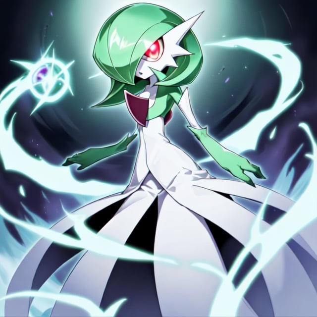 gardevoir, Type:Psychic Type:Plant, yugioh style, (glowing, yugioh style, yugioh monster, duel monster), 1girl