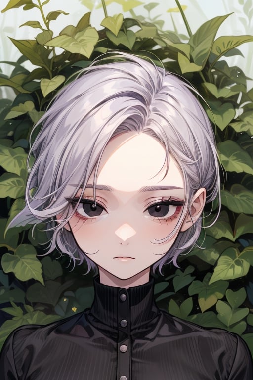 1girl, drowsy, (dead eyes, black eyes), very_short_hair, (lavender_hair),short_bangs,messy_hair, short_hair, tomboy,Short Hair,pixie_cut,ivy, forest,Forehead,pixie_hairstyle,girl, black clothes,portrait,tsukishima ruriko,