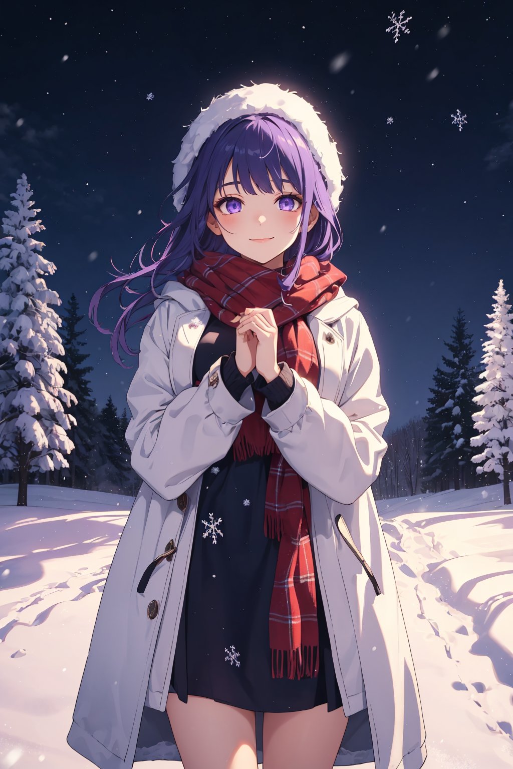 A masterpiece of night winter wonderland elegance. Capture a stunning 4K frame of a single girl wrapped in warm dress, standing amidst a serene snowy landscape. Her piercing purple eyes sparkle with warmth as she flashes a cold smile, her beauty shining like a beacon against the crisp cold air. The snowflakes gently fall around her, framing her perfect features.