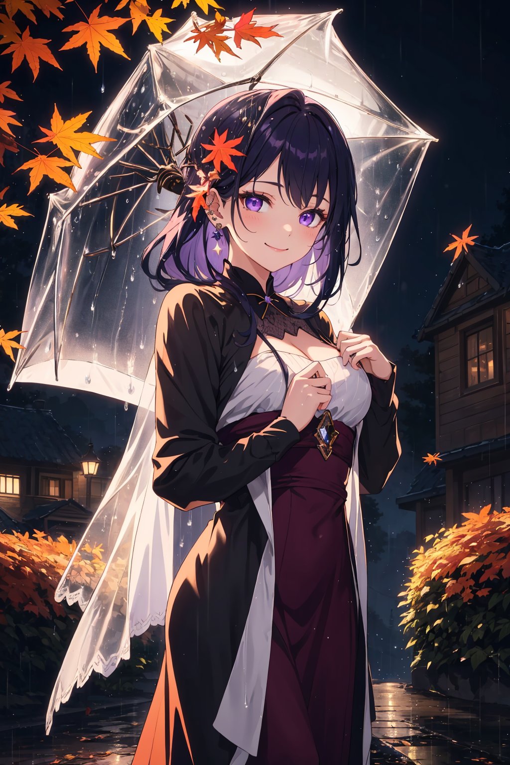 A masterpiece of night autumn wonderland elegance. Capture a stunning 4K frame of a single girl wrapped in warm dress, standing amidst a serene rain city. Her piercing purple eyes sparkle with warmth as she flashes a cold smile, her beauty shining like a beacon against the crisp cold air. The leaves gently fall around her, framing her perfect features.