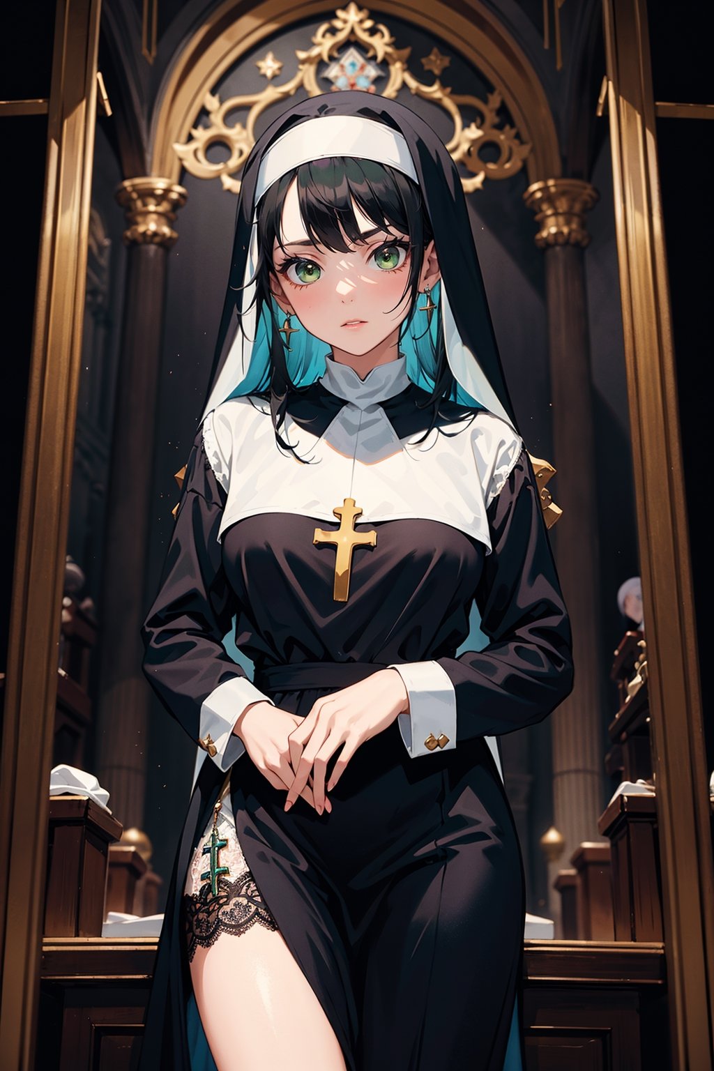 masterpiece, best quality, cathedral, cathedral with colored mosaic mirrors, colored mosaic mirrors, lighting background, extremely detailed face, solo, 1girl, nun, shining green eyes, serious_face, emerald_earrings, perfect_face, hair simple ornament, black_hair, emo_hair, silky_hair, (lace_material, open, nun_clothes:1.2), two beautiful legs, show_shot:1.2, 