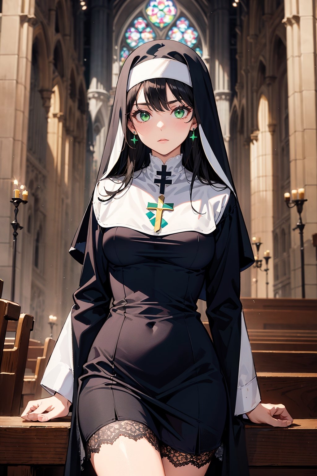 masterpiece, best quality, cathedral, cathedral with colored mosaic mirrors, (colored mosaic mirrors), lighting background, extremely detailed face, solo, 1girl, nun, shining green eyes, serious_face, emerald_earrings, perfect_face, hair simple ornament, black_hair, emo_hair, silky_hair, (lace_material, open, nun_clothes:1.2), two beautiful legs, show_shot:1.2, 