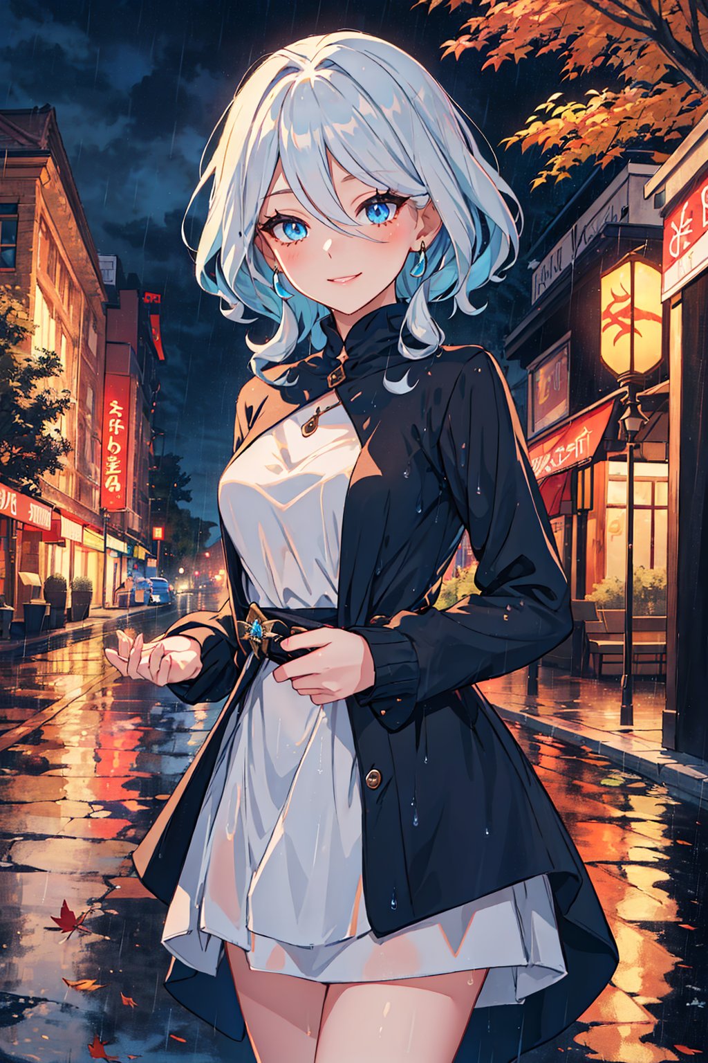 A masterpiece of night autumn wonderland elegance. Capture a stunning 4K frame portrait of a single girl wrapped in warm dress, standing amidst a serene rain city. Her piercing eyes sparkle with warmth as she flashes a cold smile, her beauty shining like a beacon against the crisp cold air. The leaves gently fall around her, framing her perfect features.