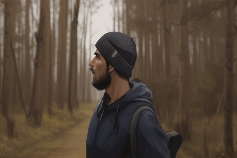 a man standing, using cap, forest background, carry a backpack