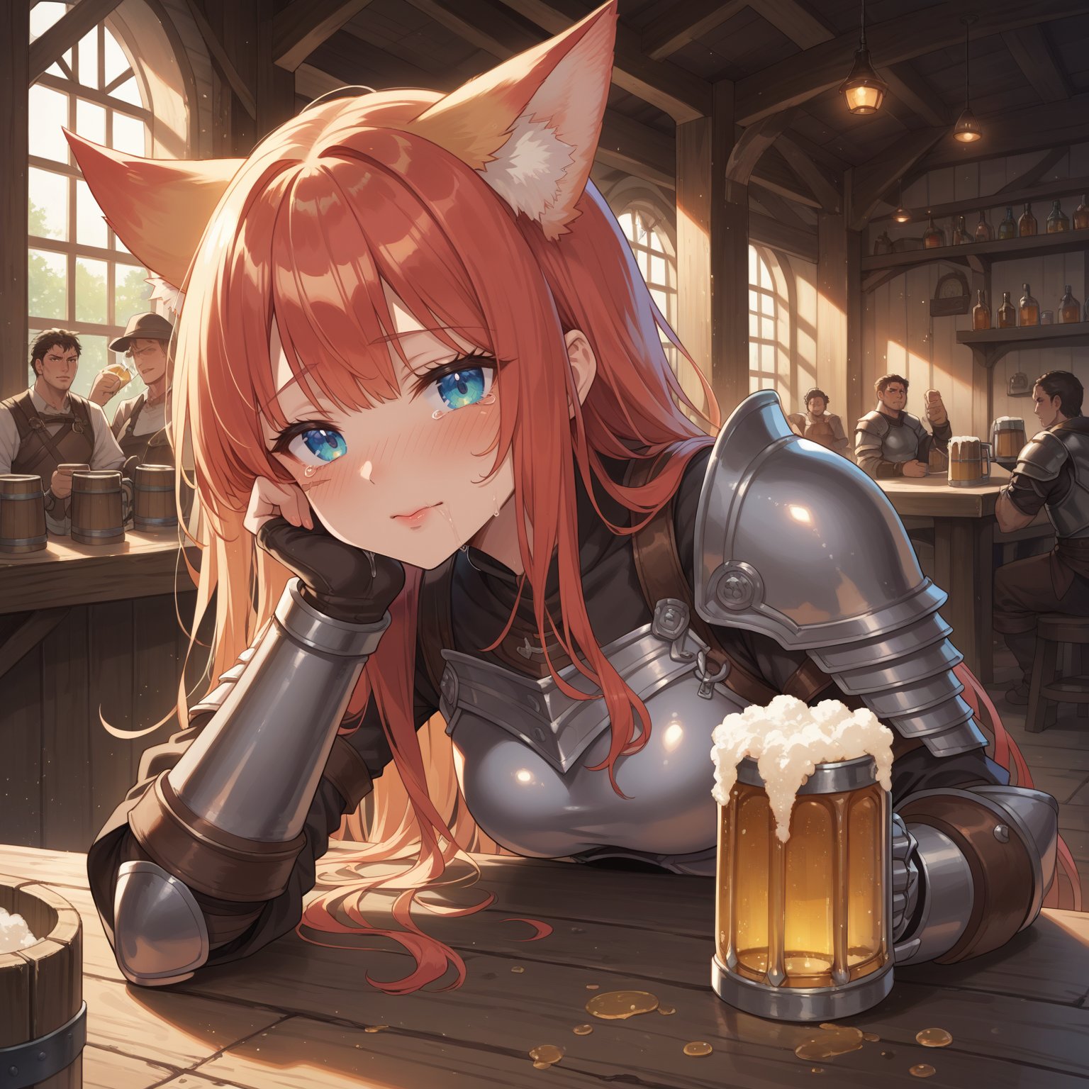 safe_pos, score_9, score_8_up, score_7_up, source_anime, detailed light, (solo), glossy skin, armor, pauldron, drunk, blush, holding mug, arm rest, fox ears, crying, beer mug, tavern, gauntlet