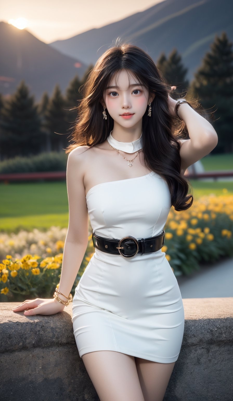 (Canon RF85mm f/1.2,best quality,Cinematic Lighting,cowboy shot),(1.2,beautiful long_Slender_legs),(long_brown_wavy_hair),(pink_shiny_lips,pink_eyeshadow,eyelashes,powder_blusher,make-up),(white_shiny_skin,black eyes,Pore,skin texture,shiny),(necklace,earrings,bracelet),big breasts,smile,Dynamic pose, ((A dramatic sunset over a mountain range, Graphic Design, Snapdragon, humorous)),((Modern and minimalist shirt dress with a pointed collar and belted waist)),