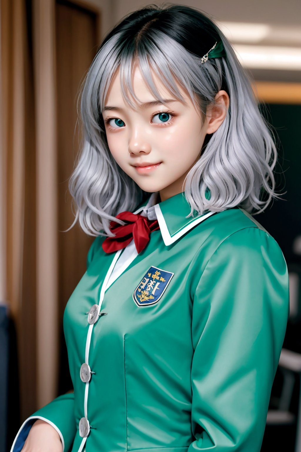  1 girl, solo, silver hair, ***** looks like 10 years old, green eyes, looking at the audience, the best quality, masterpiece, high-level, official art, extremely detailed CG unified 8K wallpaper, sweet smile, healthy and energetic skin tone, big eyes, upper body, in class, JK school uniform,chocolae_roudiao